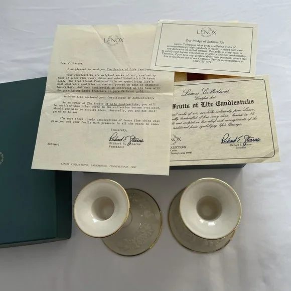 Lenox - Fruits of Life Candlesticks Fine China 24k Trim in Box With COA - Picture 5 of 9